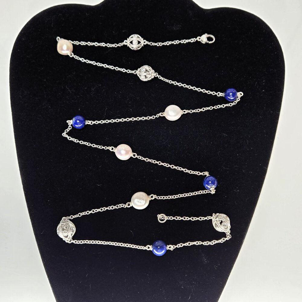 Judith Ripka Necklace Cultured Pearl, Blue Lapis, Truffle Bead 36" Sterling